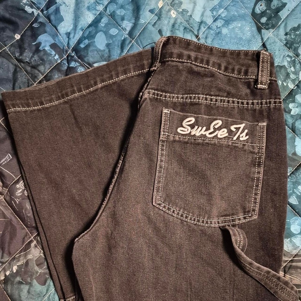 SHEIN Women Black Gray Contrast Stitch Flared Carpenter Jeans Size L